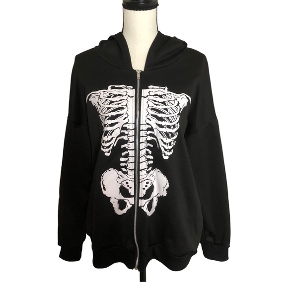 NWOT Romwe black skeleton full zip   hoodie Sz S - Picture 1 of 13